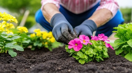 Fototapeta premium Gardener planting vibrant flowers in rich soil on a sunny day, AI