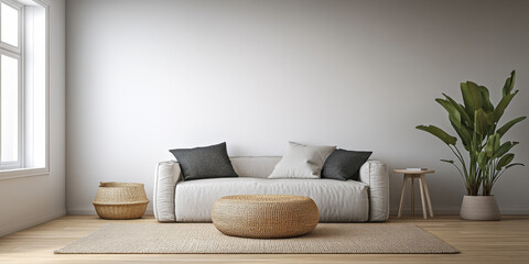 Modern living room with a comfortable couch, decorative cushions, and greenery in a serene setting