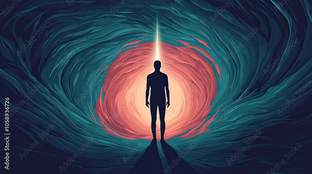 Poster silhouette of a person standing in a colorful swirling tunnel of light.