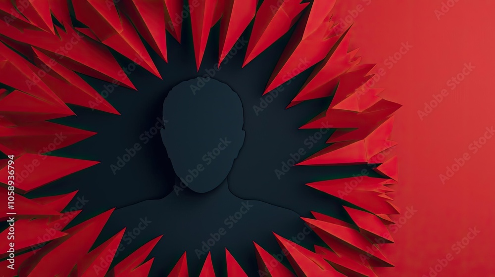 Poster Abstract silhouette surrounded by sharp red spikes on a dark background.