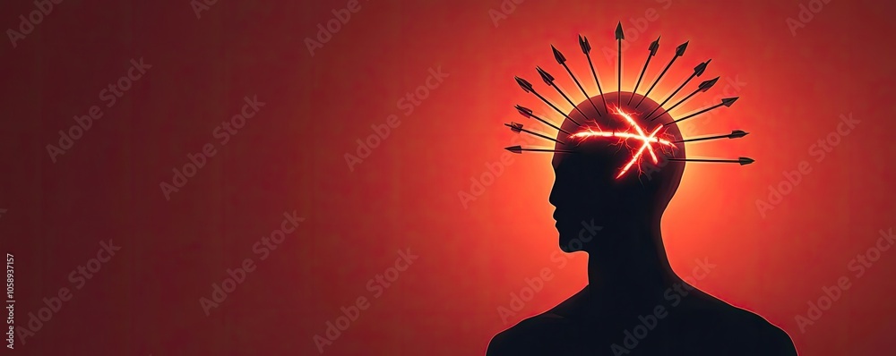 Poster silhouette of a person with arrows and bright light representing struggle and focus.
