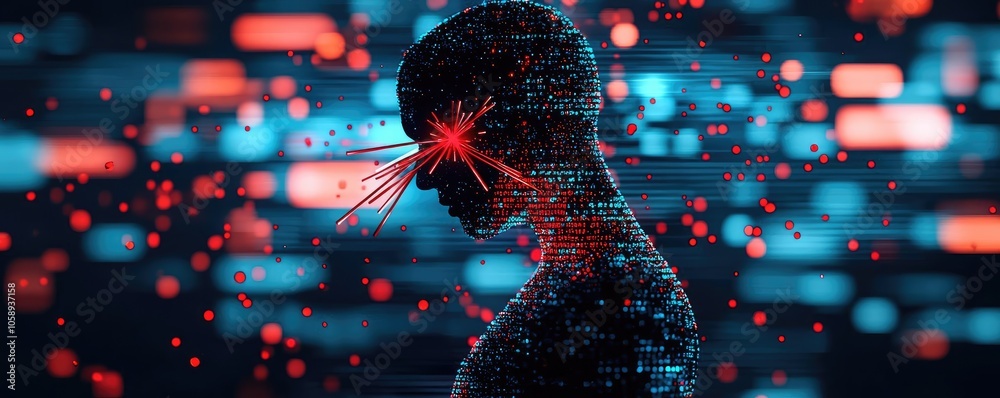 Poster digital silhouette of a human with abstract glowing elements in a futuristic background.