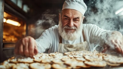 A master baker in a steamy bakery finishes fresh bread, embodying the mastery and dedication required for creating artisanal baked goods with skill and passion.