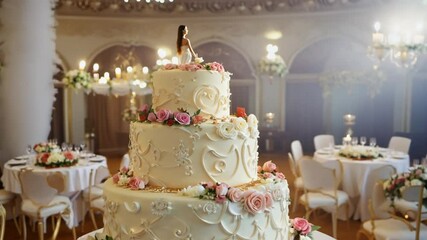 Figurines of the bride on a wedding cake. In the background  of wedding table setting. generative ai  