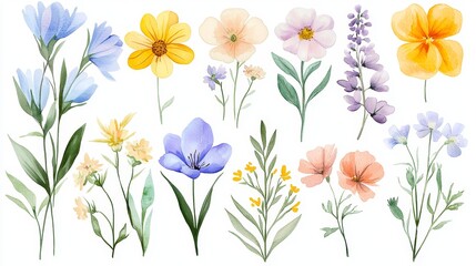 Whimsical Assortment of Decorative Wildflowers in Watercolor Painting
