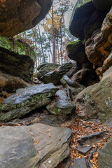 Sandstone Pillars and Boulders in Autumn Forest, Niekłań, Poland - Captivating Landscape