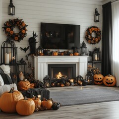 Obraz premium Cozy Halloween decor with pumpkins and candles in a stylish living room for the autumn season