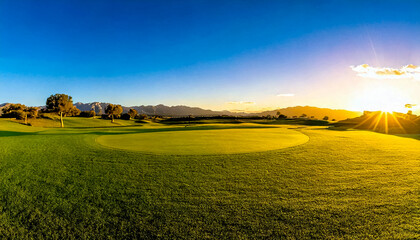 Obraz premium Endless clear and smooth horizon over green Golf course in the evening light, panoramic shot