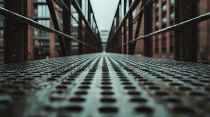 A long, perforated iron walkway stretches through an industrial corridor, evoking themes of progress, movement, and the fusion of urban architecture elements.