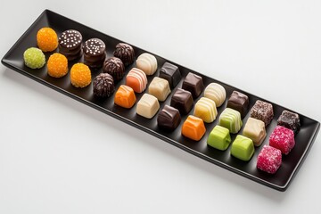 A simple tray with a single row of assorted candies, each piece neatly spaced and aligned