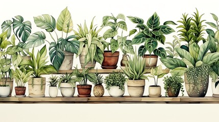 Obraz premium Watercolor illustration of a shelf with potted plants.