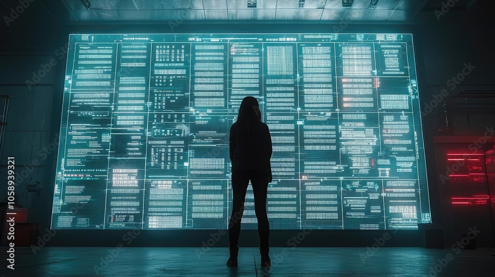 Aufkleber Silhouette of a person in front of a high-tech digital display screen.