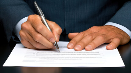 Close up of hands signing property loan contract with pen, showcasing importance of financial agreements and legal documentation