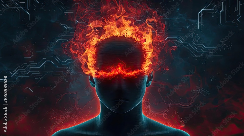 Poster Digital representation of a human head engulfed in flames, symbolizing intense thoughts.