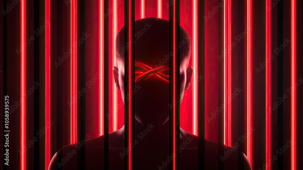 Poster Abstract representation of identity and technology with red neon bars.