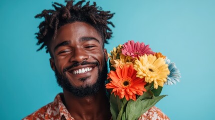 A cheerful man with an afro hairstyle smiles joyfully while holding a vibrant bouquet of colorful flowers against a plain blue background, exuding a sense of happiness.