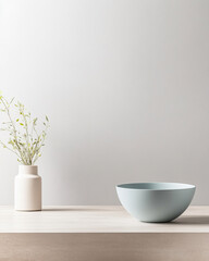 Simple composition of a light blue bowl and a cream vase with delicate flowers on a wooden table