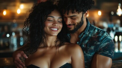 A romantic couple embraces affectionately in a dimly lit, cozy space. Their expressions radiate joy and love, enhancing the beauty of their shared connection.