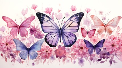 Watercolor illustration of colorful butterflies flying over a field of pink flowers.