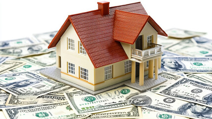 model house on pile of money symbolizes real estate investment and finance. This conveys concept of property ownership and wealth accumulation