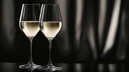 Elegant presentation of two glasses filled with champagne, set against a sleek black background. The sparkling white wine catches the light beautifully, ideal for celebrations.