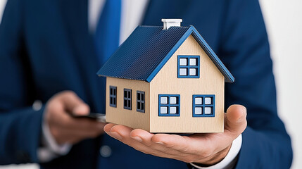 financial advisor presenting model house to clients, showcasing property options and investment opportunities. advisor is dressed in suit, emphasizing professionalism