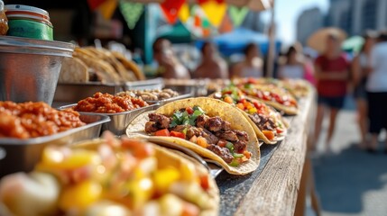 A variety of tacos are spread out in a vibrant street market stall, surrounded by colorful decorations and trays of fresh salsa, embodying a festive food atmosphere.