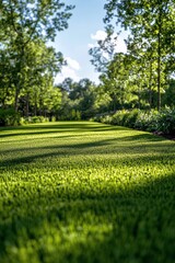 Lush green lawn in a serene garden setting under bright sky during a sunny day