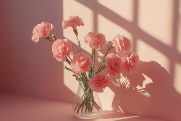 Fototapeta premium A bouquet of pink carnations in a glass vase on a soft pink background with shadow play