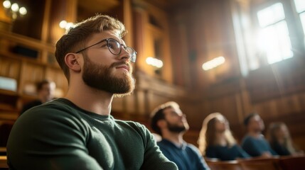 A bearded man wearing glasses is seated in a lecture hall with an attentive gaze. The sunlit, wood-paneled room adds warmth to the academic setting.