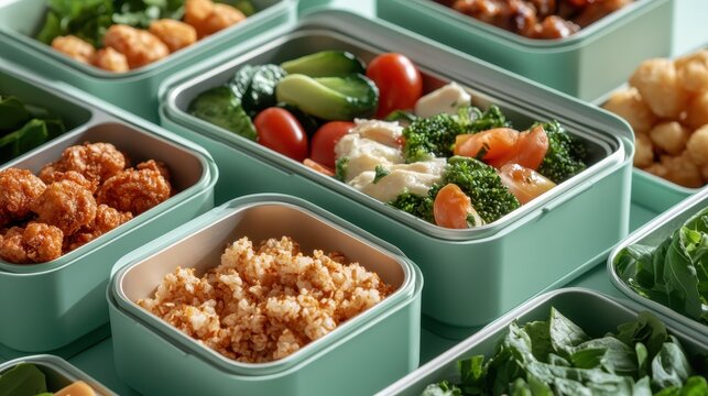 A collection of vibrant and nutritious meal options presented in eco-friendly green containers for fresh and healthy eating, featuring a mix of vegetables and proteins.