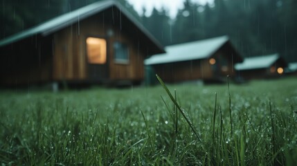 Rustic cabins nestled in a lush green forest, barely visible through the gentle mist of rain, evoking a sense of cozy seclusion, peace, and a return to nature.