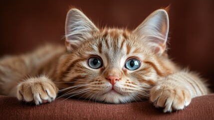 A charming ginger kitten laying down, with a curious look and soft fur, exudes innocence and warmth, making for an engaging and heartwarming picture.