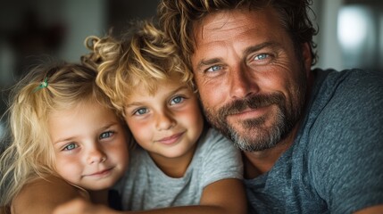 A warm and loving scene featuring a father with his two children, smiling together with a close, intimate embrace. Perfectly captures family unity and love.