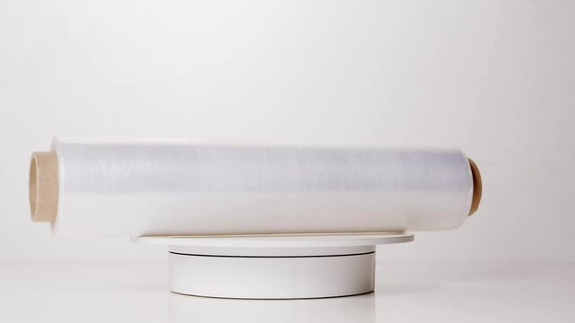 rotation. a roll of packaging stretch film on a white table. Convenient packing and transport material for groceries or moving.