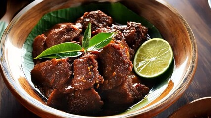 Rendang, traditional Indonesian beef dish representing celebration. Spicy meat dish with lime served on a wooden plate. Southeast Asian curry made by stewing meat in coconut milk and spices.
