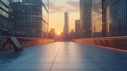 Empty square floor and pedestrian bridge and modern city buildings at sunrise