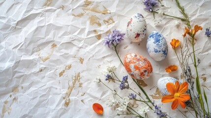 Easter-themed greeting card concept on crumpled paper, highlighting national elements, perfect for celebrating Easter. Easter design brings a unique touch to the cards aesthetic.