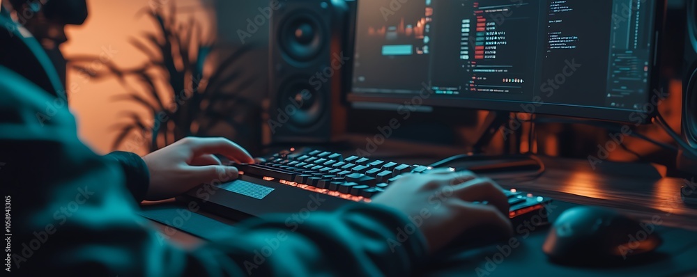 Poster a person using a keyboard and mouse at a computer desk in a dimly lit room.