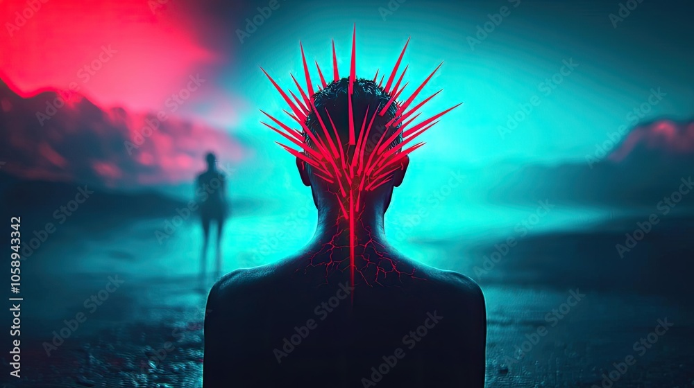 Poster surreal portrait showcasing vibrant colors and abstract forms emanating emotional depth.