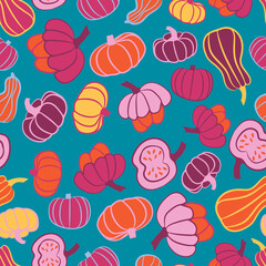 Bright pumpkin seamless pattern. Autumn repeating background. Squash endless print. Season ornament. Thanksgiving and Halloween wallpaper. Best for wrapping, textile, packaging, stationery, fabric.