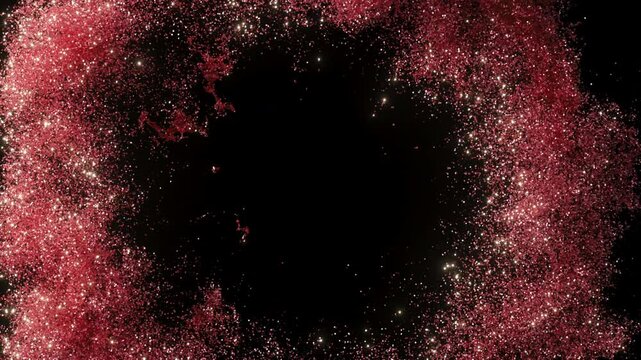 Red heart shape explosion with red shiny particles like a smok on a black and dark background. Holiday background.