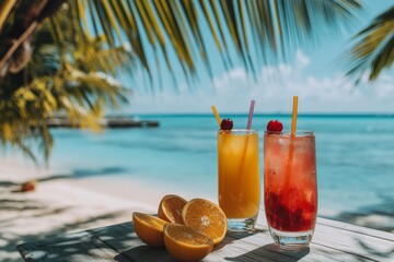 Refreshing tropical cocktails enjoyed by the beach under a clear blue sky on a sunny day