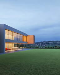 Fototapeta premium Modern house overlooking a scenic landscape at dusk in a tranquil rural setting