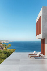 Fototapeta premium Modern seaside villa with terrace overlooking the ocean and distant coastline in bright sunlight