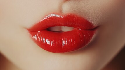 Obraz premium Beautiful red lips close-up, glossy finish