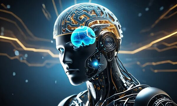 Artificial Intelligence project creating. Abstract concept of cyber technology, machine learning, robot and cybernetic brain 3d animation. Drawing digital scheme line of futuristic idea.