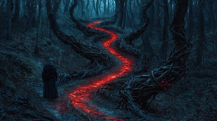 Mystical path through dark forest, illuminated by glowing red light.