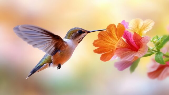 Colorful hummingbird near vibrant flowers