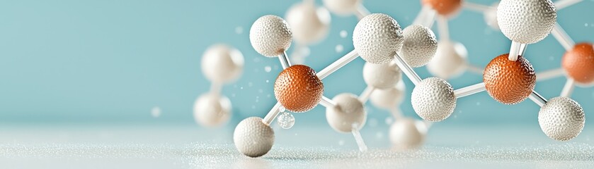 Abstract Molecular Structure with White and Orange Spheres on Blue Background